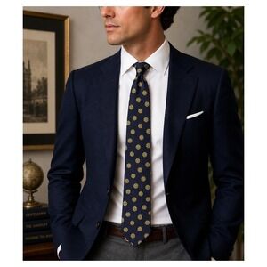 Jim Thompson Thai Silk Tie Navy Gold Geometric 3.5" Mens Necktie